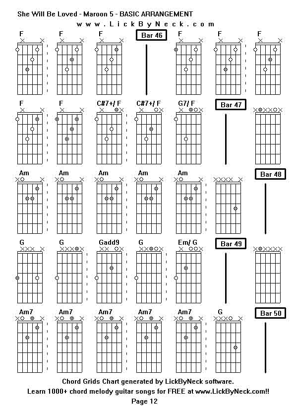 Chord Grids Chart of chord melody fingerstyle guitar song-She Will Be Loved - Maroon 5 - BASIC ARRANGEMENT,generated by LickByNeck software.